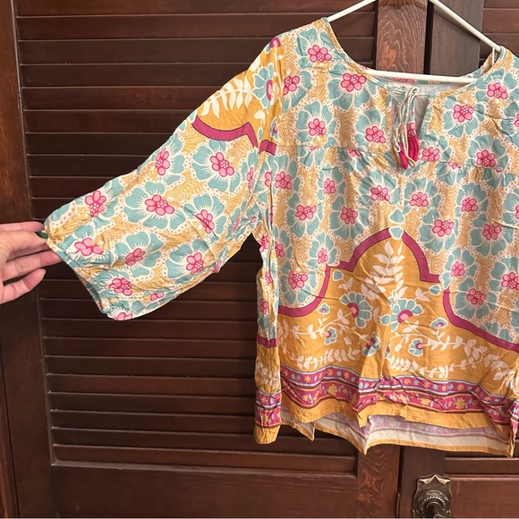 Natural Life Maribel Top Floral Mustard Teal Pink Tassels Elastic Sleeves Border - Picture 5 of 6